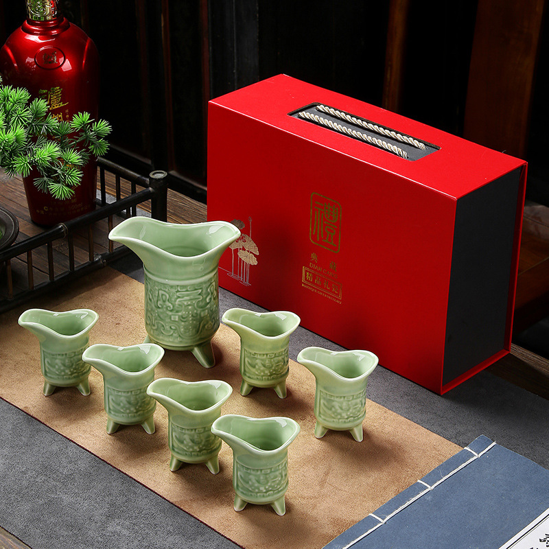 陶瓷酒具分酒器一壺六杯仿古三角爵杯禮品套裝白酒杯燙溫酒壺禮盒