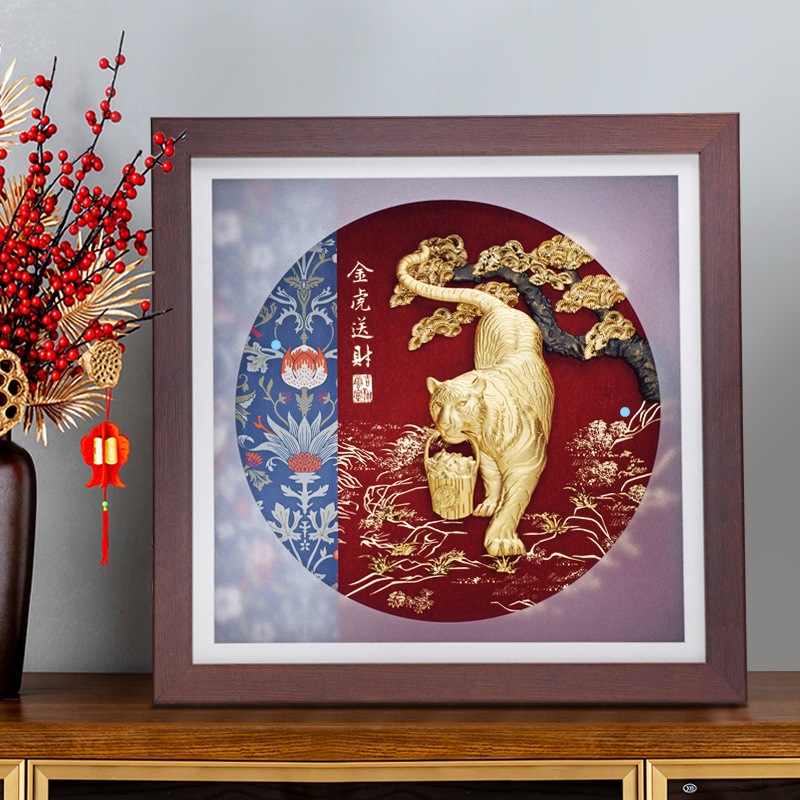 老虎擺件 金虎擺件虎年吉祥物保險(xiǎn)會(huì)銷禮品 金箔畫招財(cái)十二生肖虎