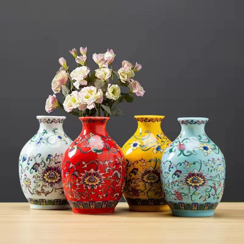陶瓷琺瑯彩花插批發(fā)干花小花瓶復(fù)古陶藝家居擺件飾品現(xiàn)代中式花盆