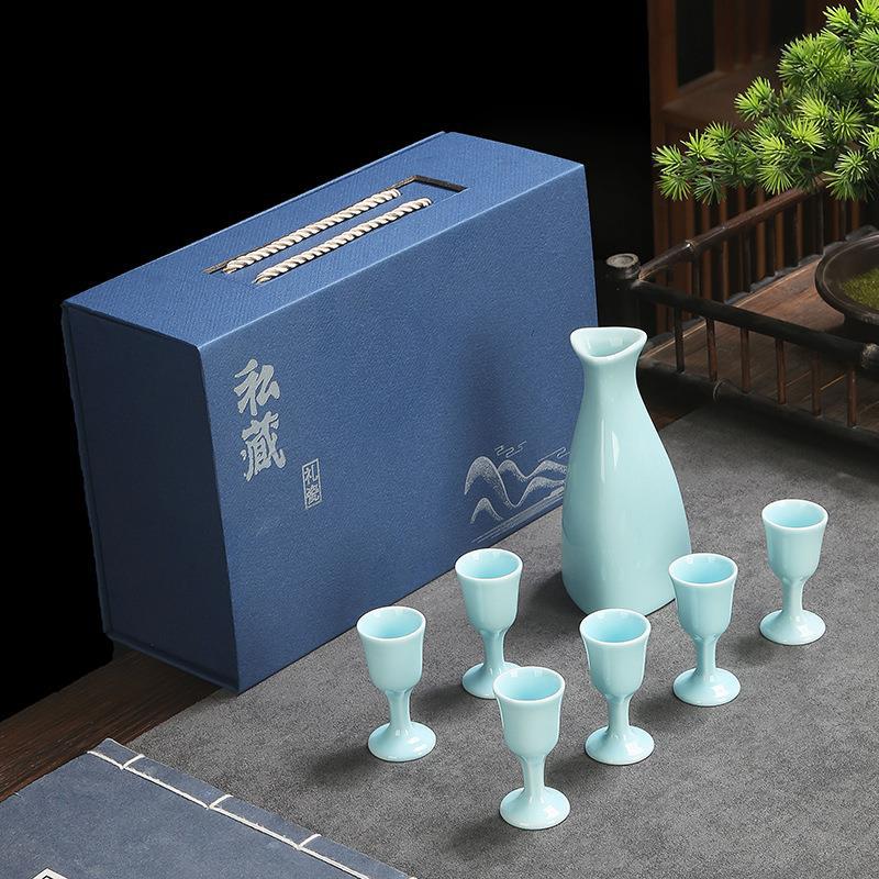復(fù)古一壺六杯陶瓷酒具套裝白酒高腳杯分酒器商務(wù)禮品套裝印制logo