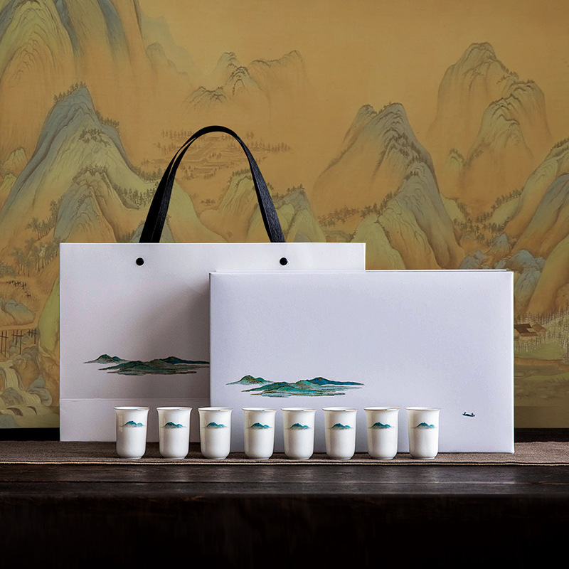 千里江山陶瓷定 制酒具酒杯商務(wù)伴手禮套裝茅臺(tái)杯一口杯烈酒白酒