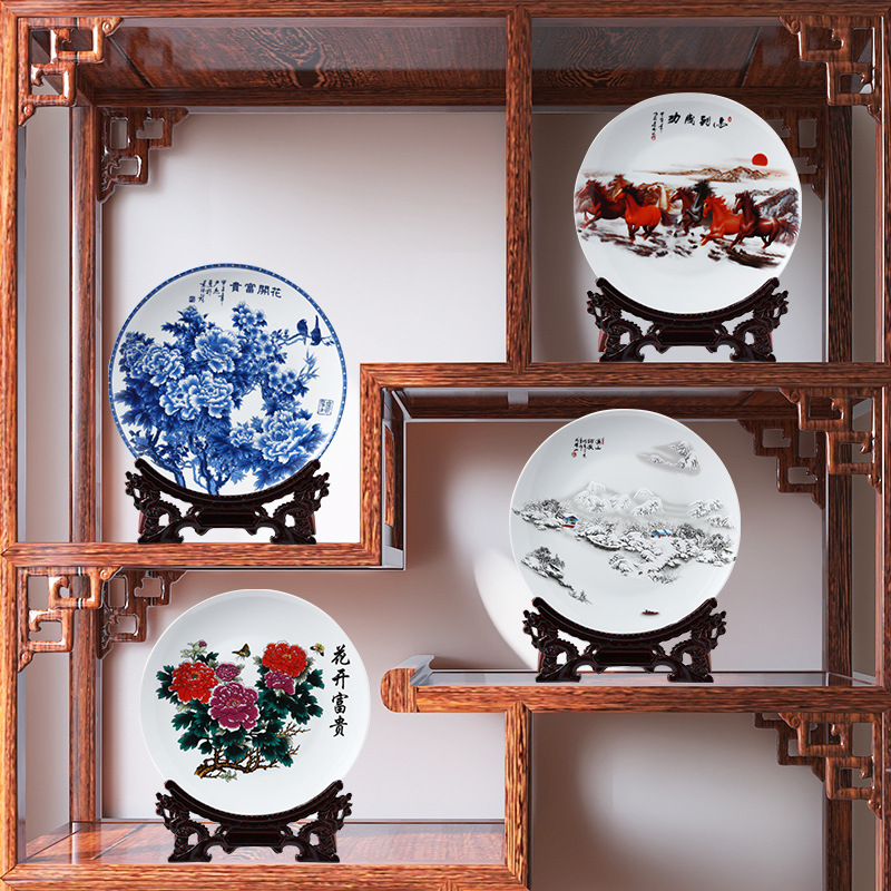 景德鎮(zhèn)陶瓷瓷器裝飾坐盤現(xiàn)代中式玄關(guān)粉彩貼花工藝品擺件