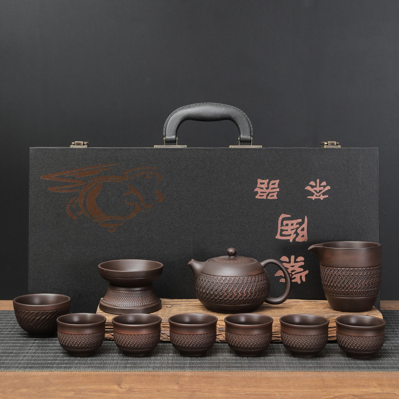  紫陶功夫茶具套裝高檔家用客廳辦公復(fù)古泡茶陶瓷紫砂蓋碗茶杯送禮